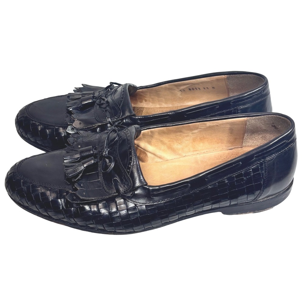 Johnston & Murphy Tassel Kiltie Loafers Black Woven Leather Dress Shoes VTG  11